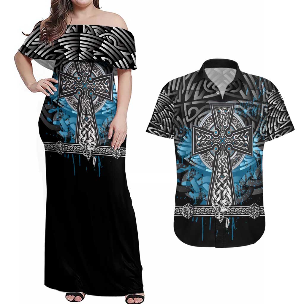 Thor Hammer Viking Couples Matching Off Shoulder Maxi Dress and Hawaiian Shirt with Celtic Knots and Blue Splatter Norse Heritage Tribute - Wonder Print Shop