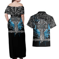 Thor Hammer Viking Couples Matching Off Shoulder Maxi Dress and Hawaiian Shirt with Celtic Knots and Blue Splatter Norse Heritage Tribute - Wonder Print Shop