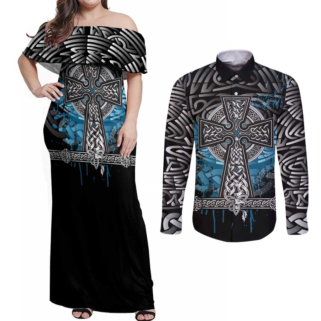 Thor Hammer Viking Couples Matching Off Shoulder Maxi Dress and Long Sleeve Button Shirt with Celtic Knots and Blue Splatter Norse Heritage Tribute - Wonder Print Shop