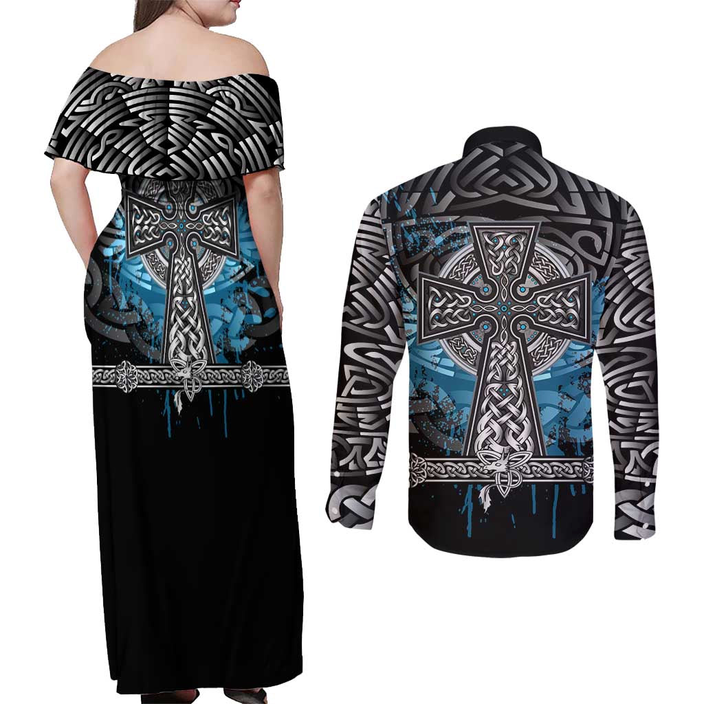 Thor Hammer Viking Couples Matching Off Shoulder Maxi Dress and Long Sleeve Button Shirt with Celtic Knots and Blue Splatter Norse Heritage Tribute - Wonder Print Shop