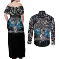 Thor Hammer Viking Couples Matching Off Shoulder Maxi Dress and Long Sleeve Button Shirt with Celtic Knots and Blue Splatter Norse Heritage Tribute - Wonder Print Shop