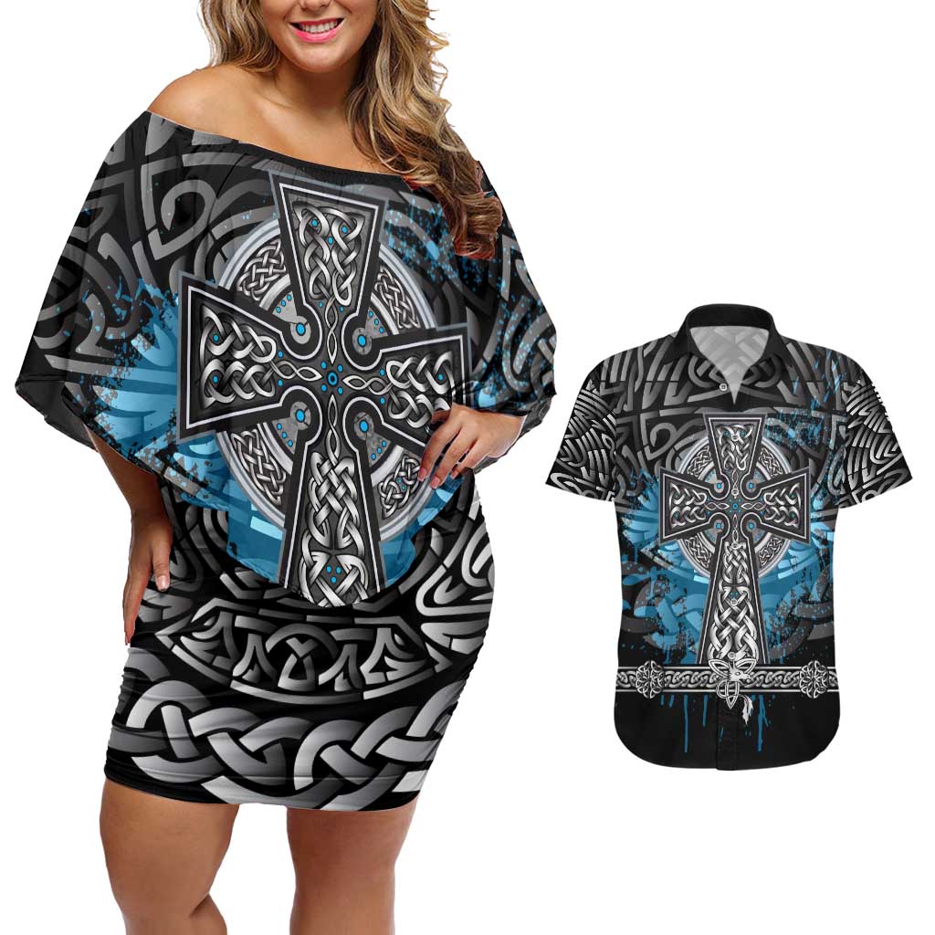 Thor Hammer Viking Couples Matching Off Shoulder Short Dress and Hawaiian Shirt with Celtic Knots and Blue Splatter Norse Heritage Tribute - Wonder Print Shop