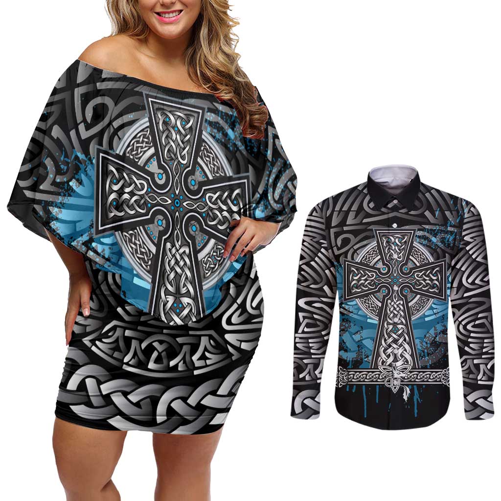 Thor Hammer Viking Couples Matching Off Shoulder Short Dress and Long Sleeve Button Shirt with Celtic Knots and Blue Splatter Norse Heritage Tribute - Wonder Print Shop