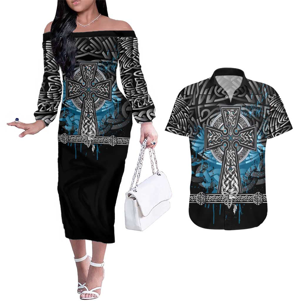 Thor Hammer Viking Couples Matching Off The Shoulder Long Sleeve Dress and Hawaiian Shirt with Celtic Knots and Blue Splatter Norse Heritage Tribute - Wonder Print Shop