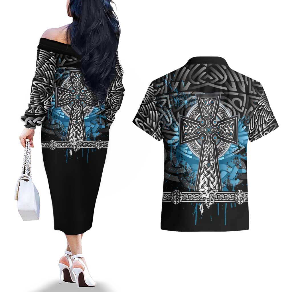 Thor Hammer Viking Couples Matching Off The Shoulder Long Sleeve Dress and Hawaiian Shirt with Celtic Knots and Blue Splatter Norse Heritage Tribute - Wonder Print Shop