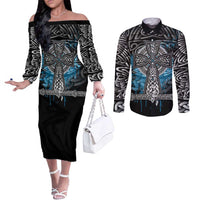 Thor Hammer Viking Couples Matching Off The Shoulder Long Sleeve Dress and Long Sleeve Button Shirt with Celtic Knots and Blue Splatter Norse Heritage Tribute - Wonder Print Shop