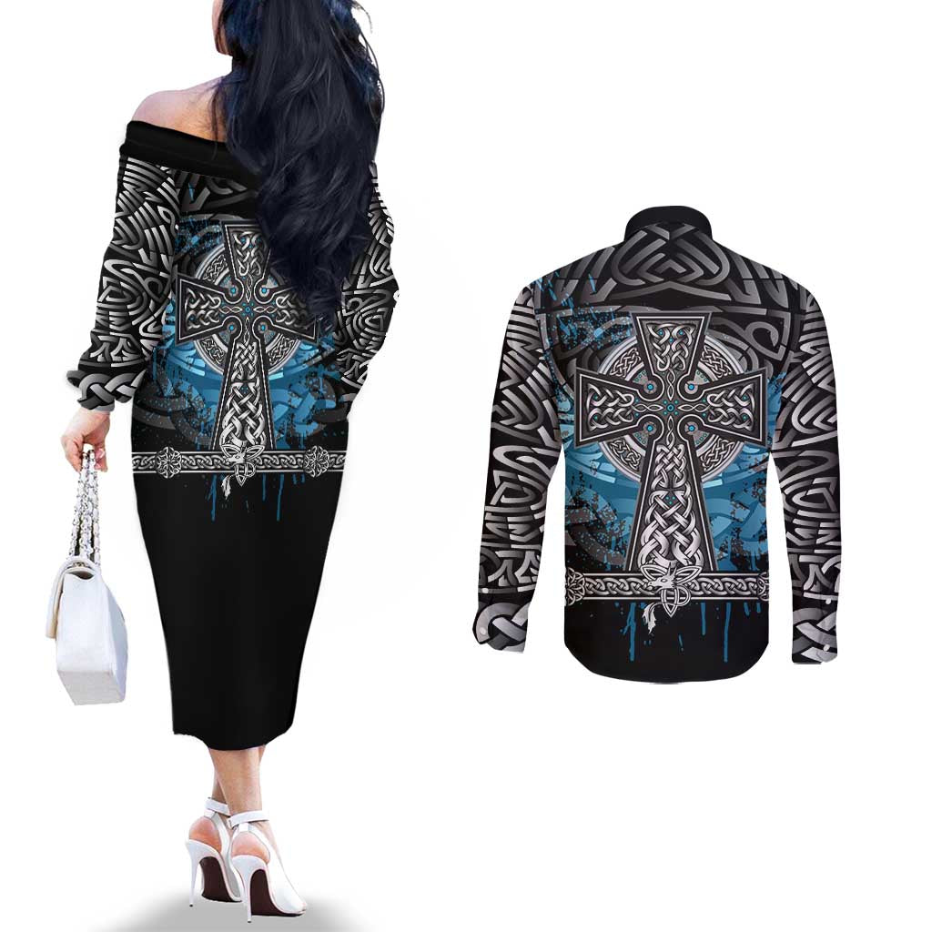 Thor Hammer Viking Couples Matching Off The Shoulder Long Sleeve Dress and Long Sleeve Button Shirt with Celtic Knots and Blue Splatter Norse Heritage Tribute - Wonder Print Shop