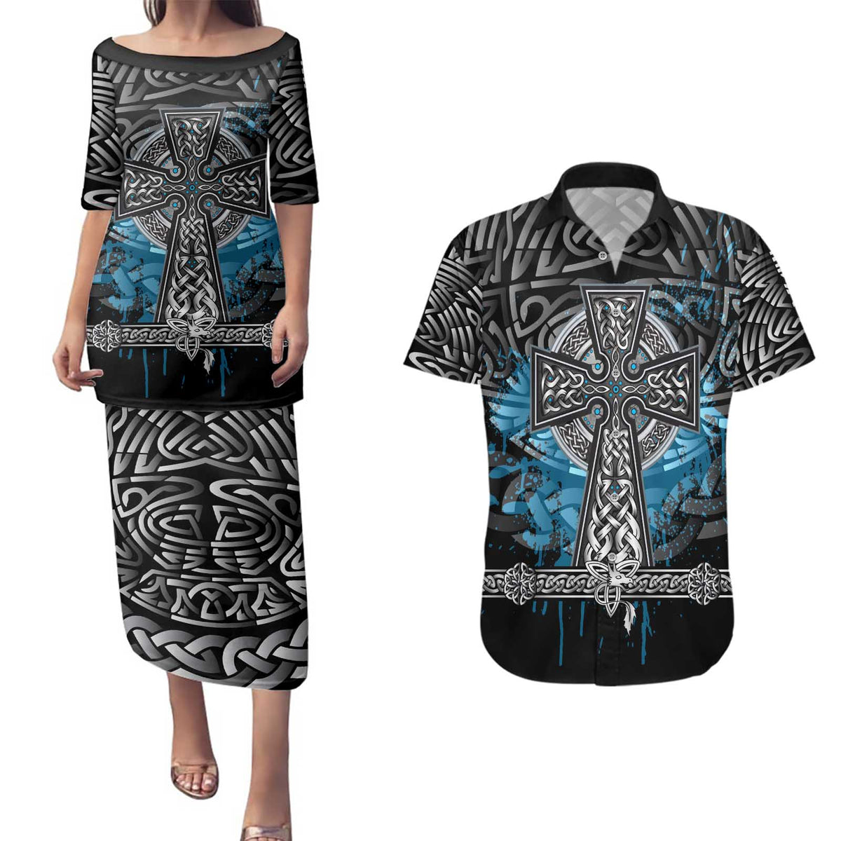 Thor Hammer Viking Couples Matching Puletasi and Hawaiian Shirt with Celtic Knots and Blue Splatter Norse Heritage Tribute - Wonder Print Shop