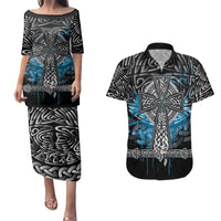 Thor Hammer Viking Couples Matching Puletasi and Hawaiian Shirt with Celtic Knots and Blue Splatter Norse Heritage Tribute - Wonder Print Shop