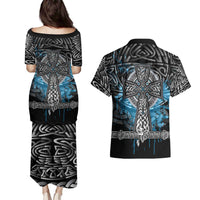 Thor Hammer Viking Couples Matching Puletasi and Hawaiian Shirt with Celtic Knots and Blue Splatter Norse Heritage Tribute - Wonder Print Shop