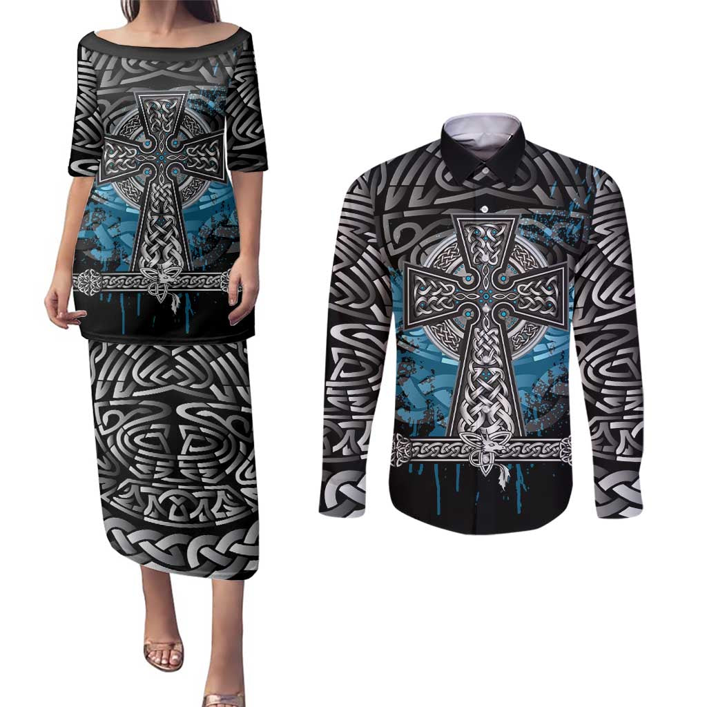 Thor Hammer Viking Couples Matching Puletasi and Long Sleeve Button Shirt with Celtic Knots and Blue Splatter Norse Heritage Tribute - Wonder Print Shop