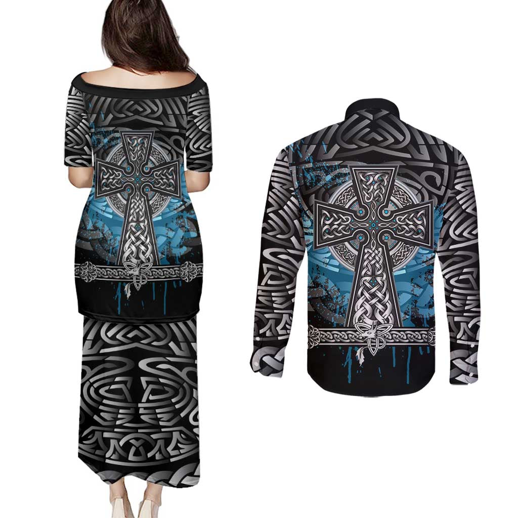 Thor Hammer Viking Couples Matching Puletasi and Long Sleeve Button Shirt with Celtic Knots and Blue Splatter Norse Heritage Tribute - Wonder Print Shop