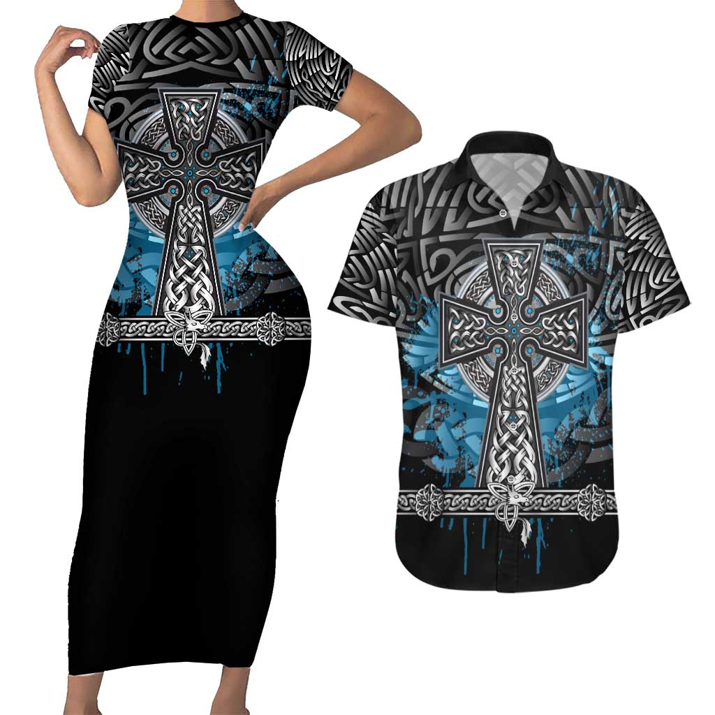 Thor Hammer Viking Couples Matching Short Sleeve Bodycon Dress and Hawaiian Shirt with Celtic Knots and Blue Splatter Norse Heritage Tribute - Wonder Print Shop