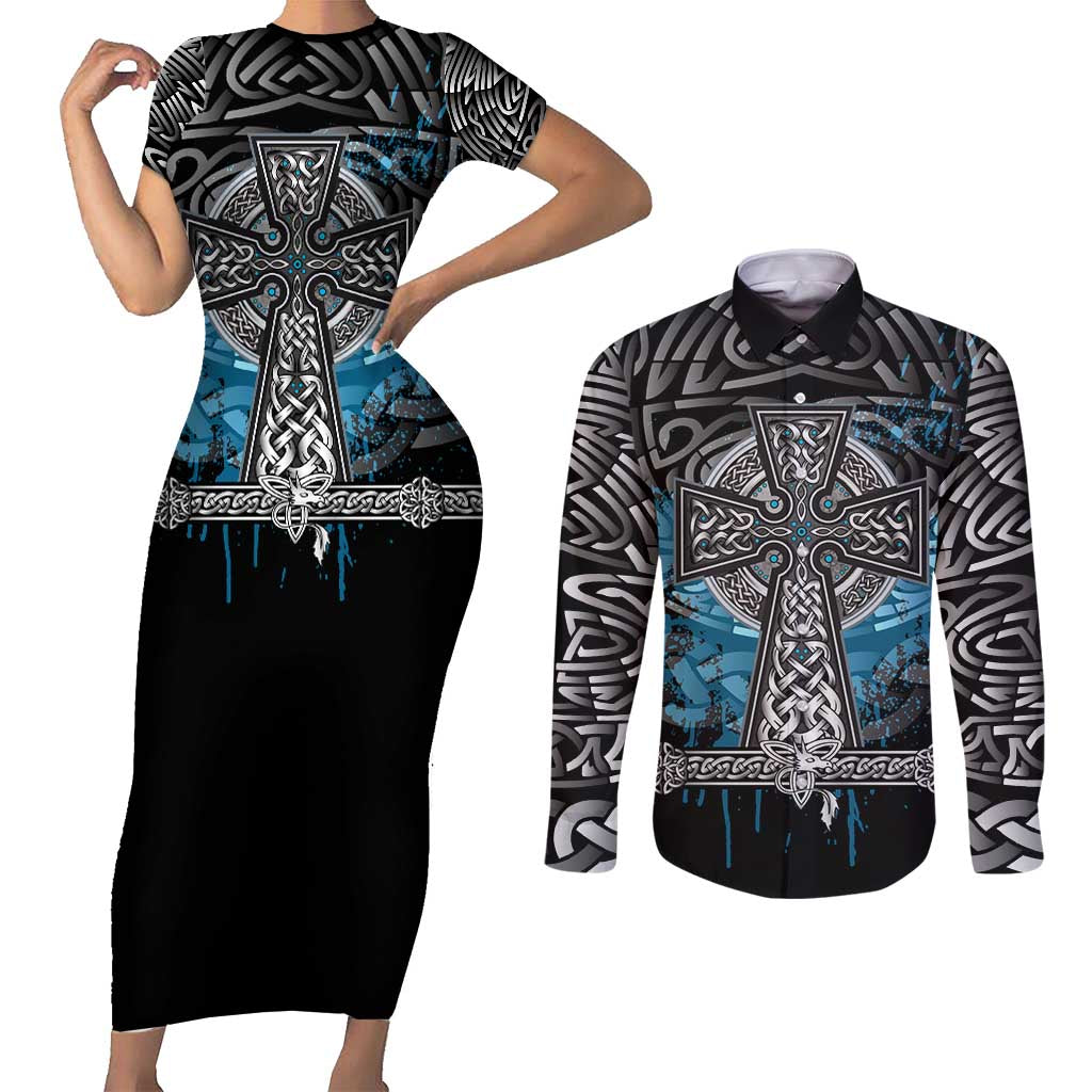 Thor Hammer Viking Couples Matching Short Sleeve Bodycon Dress and Long Sleeve Button Shirt with Celtic Knots and Blue Splatter Norse Heritage Tribute - Wonder Print Shop