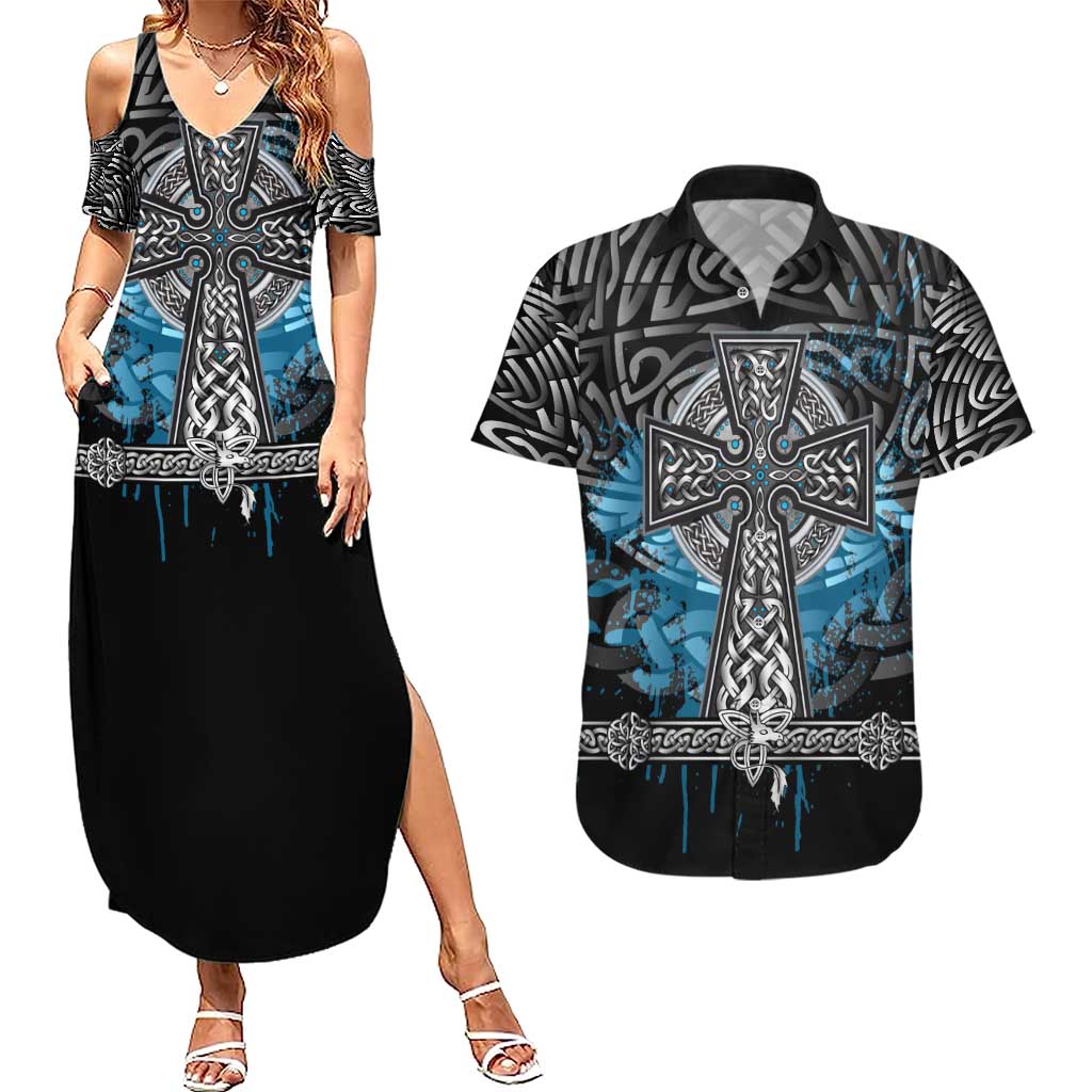 Thor Hammer Viking Couples Matching Summer Maxi Dress and Hawaiian Shirt with Celtic Knots and Blue Splatter Norse Heritage Tribute - Wonder Print Shop