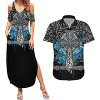 Thor Hammer Viking Couples Matching Summer Maxi Dress and Hawaiian Shirt with Celtic Knots and Blue Splatter Norse Heritage Tribute - Wonder Print Shop