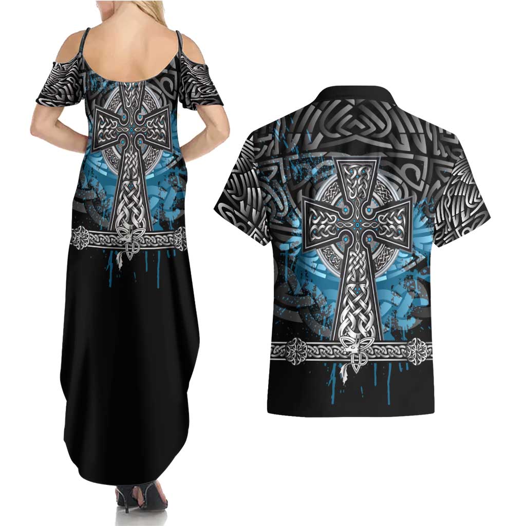 Thor Hammer Viking Couples Matching Summer Maxi Dress and Hawaiian Shirt with Celtic Knots and Blue Splatter Norse Heritage Tribute - Wonder Print Shop