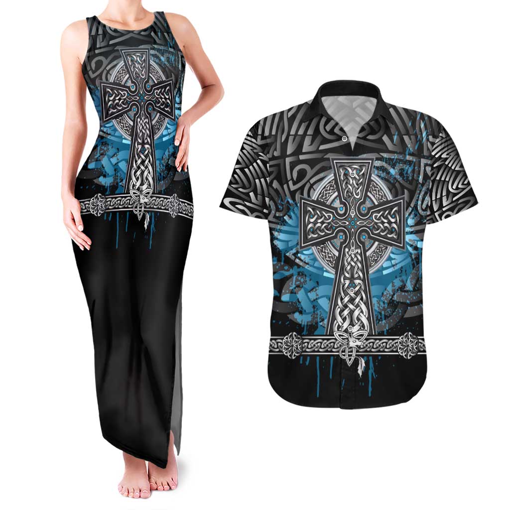 Thor Hammer Viking Couples Matching Tank Maxi Dress and Hawaiian Shirt with Celtic Knots and Blue Splatter Norse Heritage Tribute - Wonder Print Shop