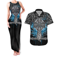 Thor Hammer Viking Couples Matching Tank Maxi Dress and Hawaiian Shirt with Celtic Knots and Blue Splatter Norse Heritage Tribute - Wonder Print Shop
