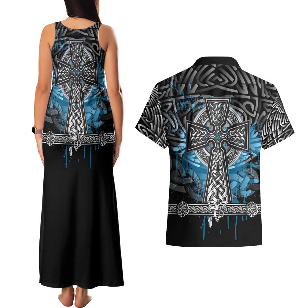 Thor Hammer Viking Couples Matching Tank Maxi Dress and Hawaiian Shirt with Celtic Knots and Blue Splatter Norse Heritage Tribute - Wonder Print Shop