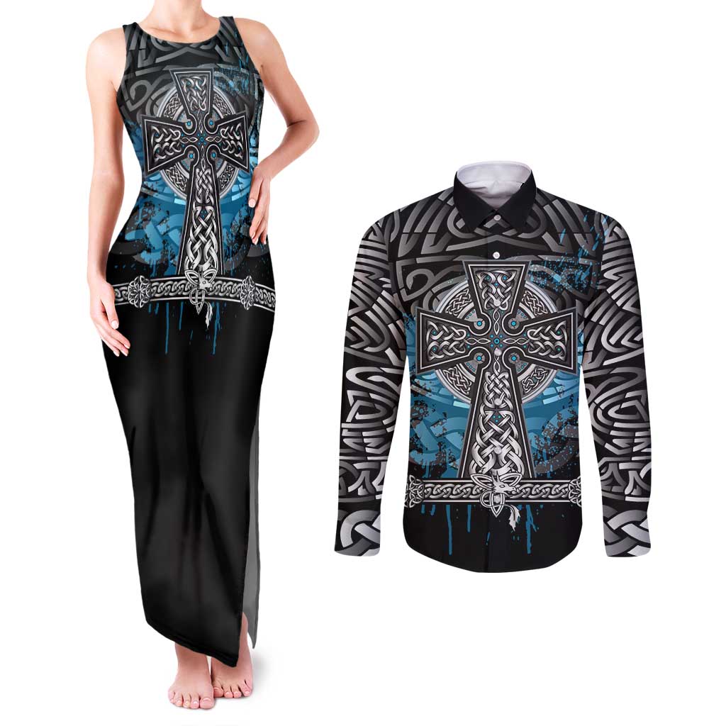 Thor Hammer Viking Couples Matching Tank Maxi Dress and Long Sleeve Button Shirt with Celtic Knots and Blue Splatter Norse Heritage Tribute - Wonder Print Shop