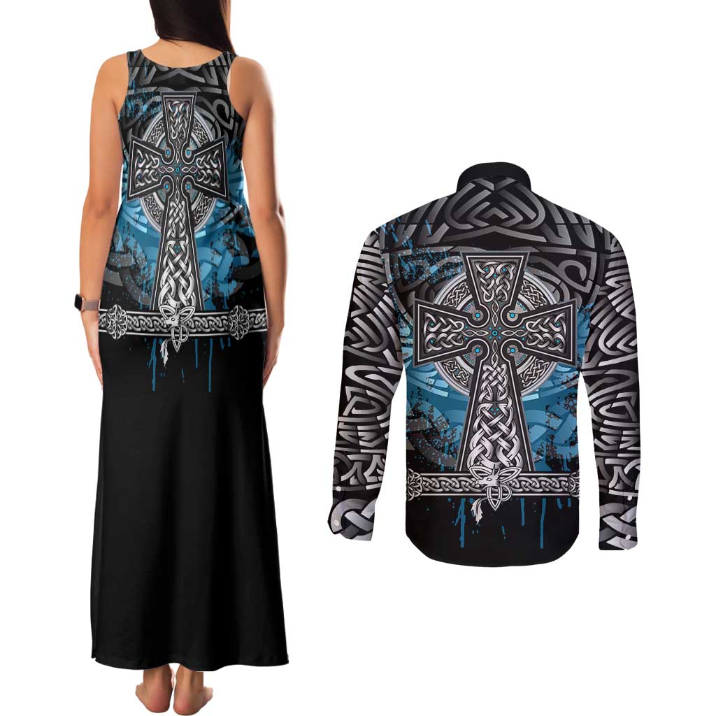 Thor Hammer Viking Couples Matching Tank Maxi Dress and Long Sleeve Button Shirt with Celtic Knots and Blue Splatter Norse Heritage Tribute - Wonder Print Shop