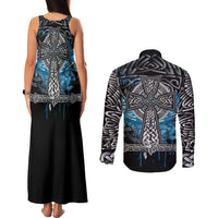 Thor Hammer Viking Couples Matching Tank Maxi Dress and Long Sleeve Button Shirt with Celtic Knots and Blue Splatter Norse Heritage Tribute - Wonder Print Shop
