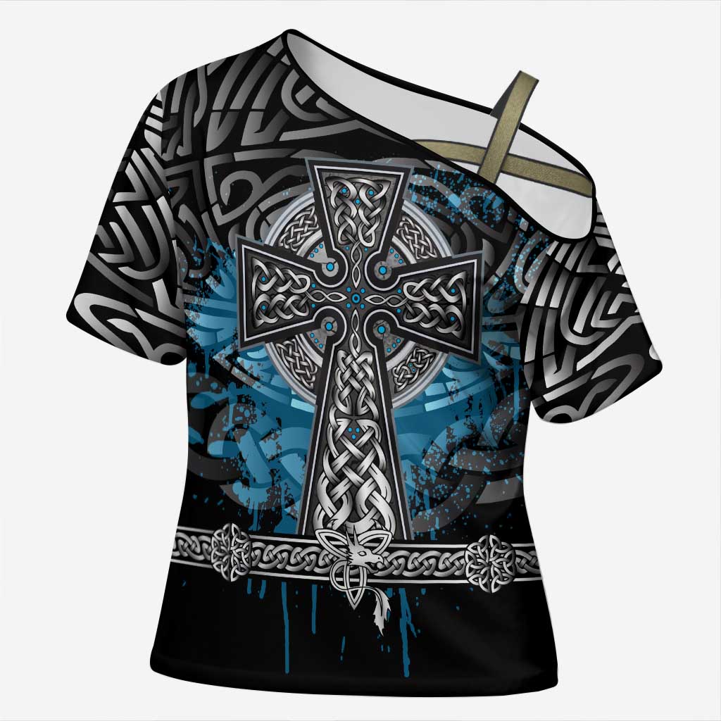 Thor Hammer Viking Cross Shoulder Shirt with Celtic Knots and Blue Splatter Norse Heritage Tribute - Wonder Print Shop
