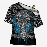 Thor Hammer Viking Cross Shoulder Shirt with Celtic Knots and Blue Splatter Norse Heritage Tribute - Wonder Print Shop
