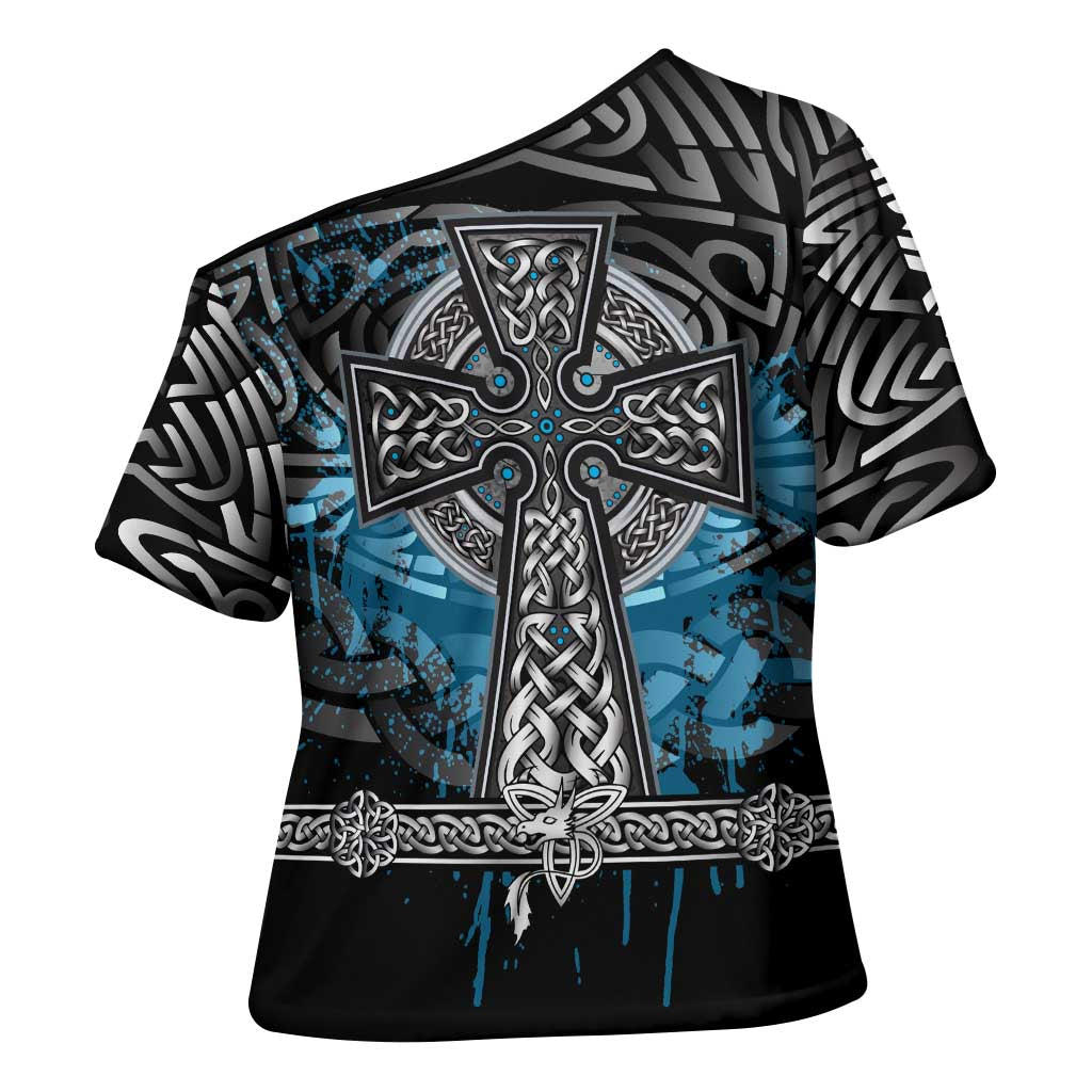 Thor Hammer Viking Cross Shoulder Shirt with Celtic Knots and Blue Splatter Norse Heritage Tribute - Wonder Print Shop