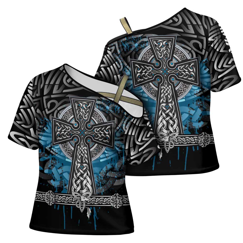 Thor Hammer Viking Cross Shoulder Shirt with Celtic Knots and Blue Splatter Norse Heritage Tribute - Wonder Print Shop