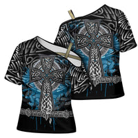 Thor Hammer Viking Cross Shoulder Shirt with Celtic Knots and Blue Splatter Norse Heritage Tribute - Wonder Print Shop