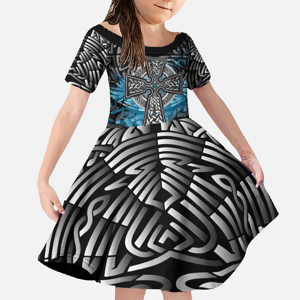 Thor Hammer Viking Family Matching Long Sleeve Bodycon Dress and Hawaiian Shirt with Celtic Knots and Blue Splatter Norse Heritage Tribute - Wonder Print Shop