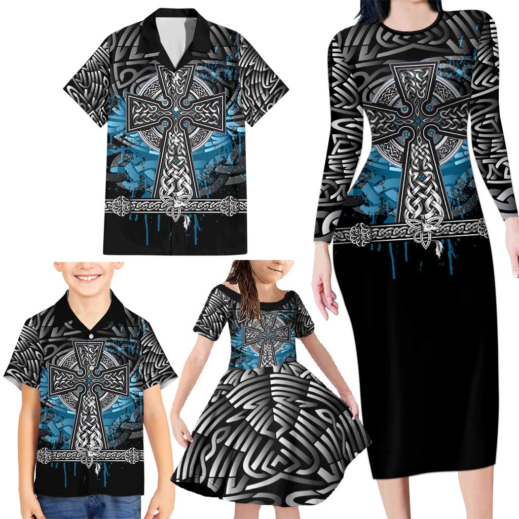 Thor Hammer Viking Family Matching Long Sleeve Bodycon Dress and Hawaiian Shirt with Celtic Knots and Blue Splatter Norse Heritage Tribute - Wonder Print Shop