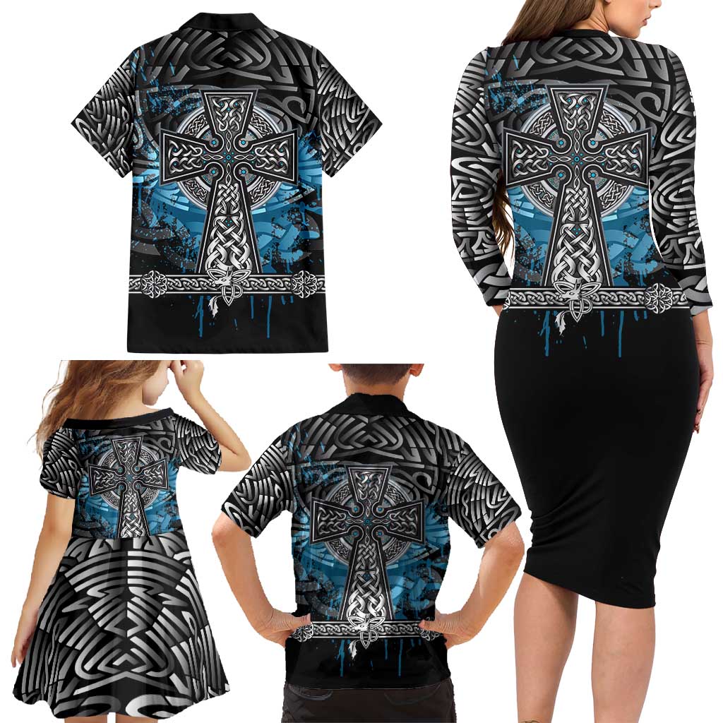 Thor Hammer Viking Family Matching Long Sleeve Bodycon Dress and Hawaiian Shirt with Celtic Knots and Blue Splatter Norse Heritage Tribute - Wonder Print Shop