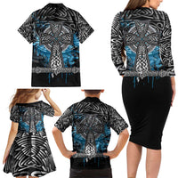 Thor Hammer Viking Family Matching Long Sleeve Bodycon Dress and Hawaiian Shirt with Celtic Knots and Blue Splatter Norse Heritage Tribute - Wonder Print Shop