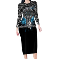 Thor Hammer Viking Family Matching Long Sleeve Bodycon Dress and Hawaiian Shirt with Celtic Knots and Blue Splatter Norse Heritage Tribute - Wonder Print Shop