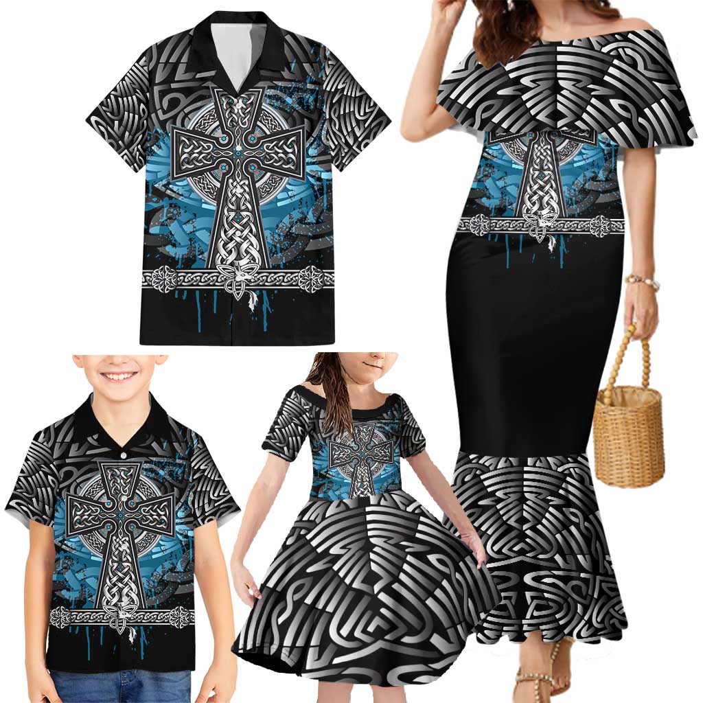 Thor Hammer Viking Family Matching Mermaid Dress and Hawaiian Shirt with Celtic Knots and Blue Splatter Norse Heritage Tribute - Wonder Print Shop