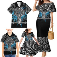 Thor Hammer Viking Family Matching Mermaid Dress and Hawaiian Shirt with Celtic Knots and Blue Splatter Norse Heritage Tribute - Wonder Print Shop