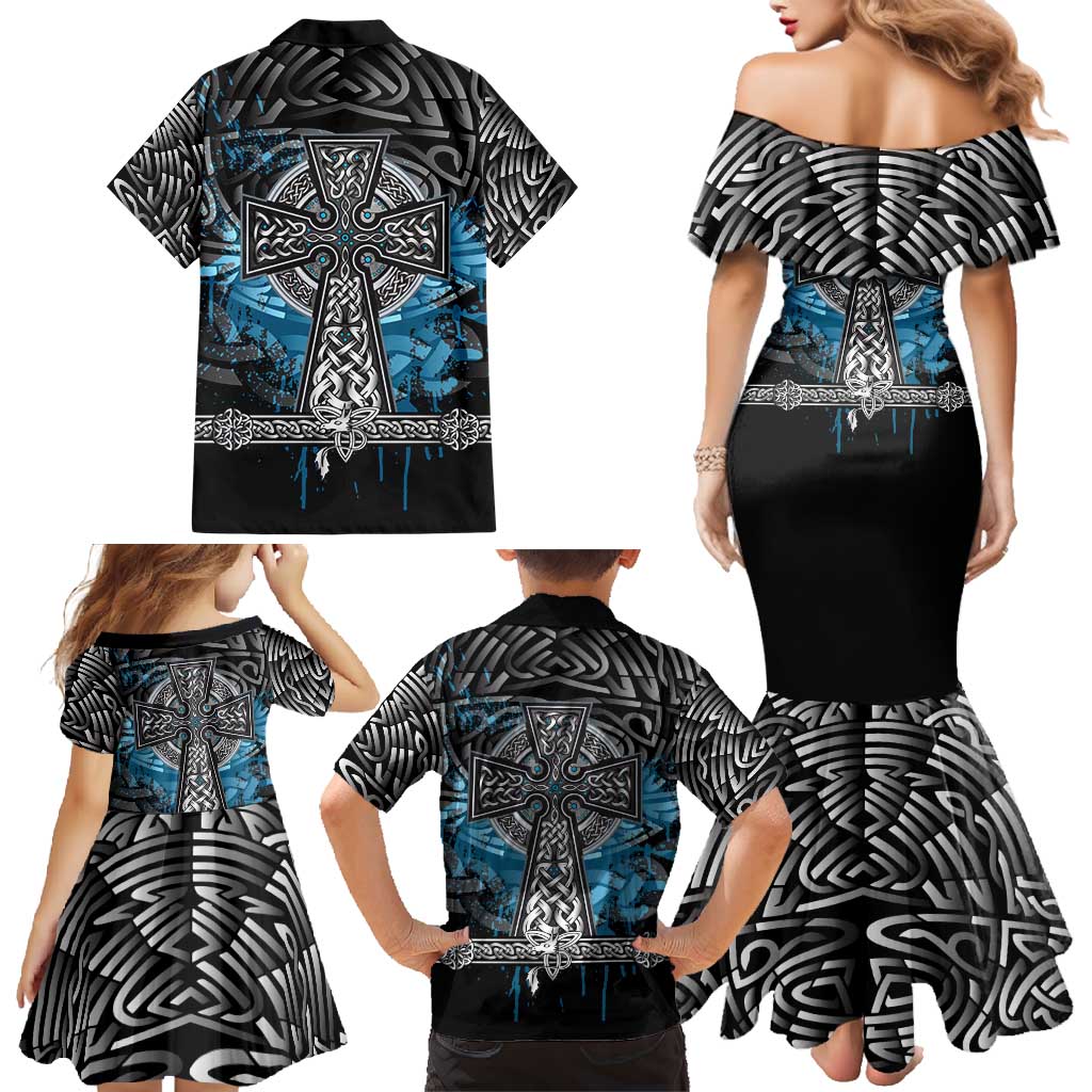 Thor Hammer Viking Family Matching Mermaid Dress and Hawaiian Shirt with Celtic Knots and Blue Splatter Norse Heritage Tribute - Wonder Print Shop
