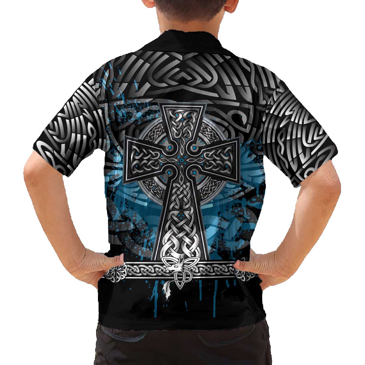 Thor Hammer Viking Family Matching Off The Shoulder Long Sleeve Dress and Hawaiian Shirt with Celtic Knots and Blue Splatter Norse Heritage Tribute - Wonder Print Shop