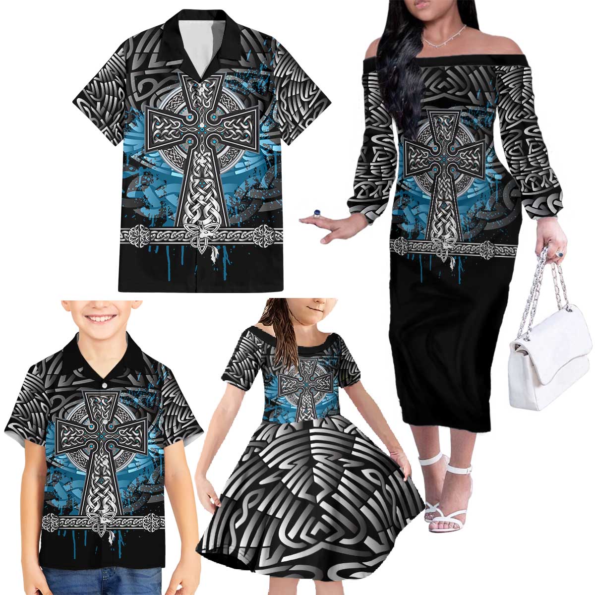 Thor Hammer Viking Family Matching Off The Shoulder Long Sleeve Dress and Hawaiian Shirt with Celtic Knots and Blue Splatter Norse Heritage Tribute - Wonder Print Shop