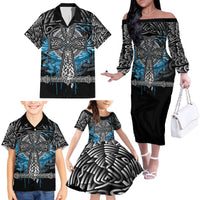 Thor Hammer Viking Family Matching Off The Shoulder Long Sleeve Dress and Hawaiian Shirt with Celtic Knots and Blue Splatter Norse Heritage Tribute - Wonder Print Shop