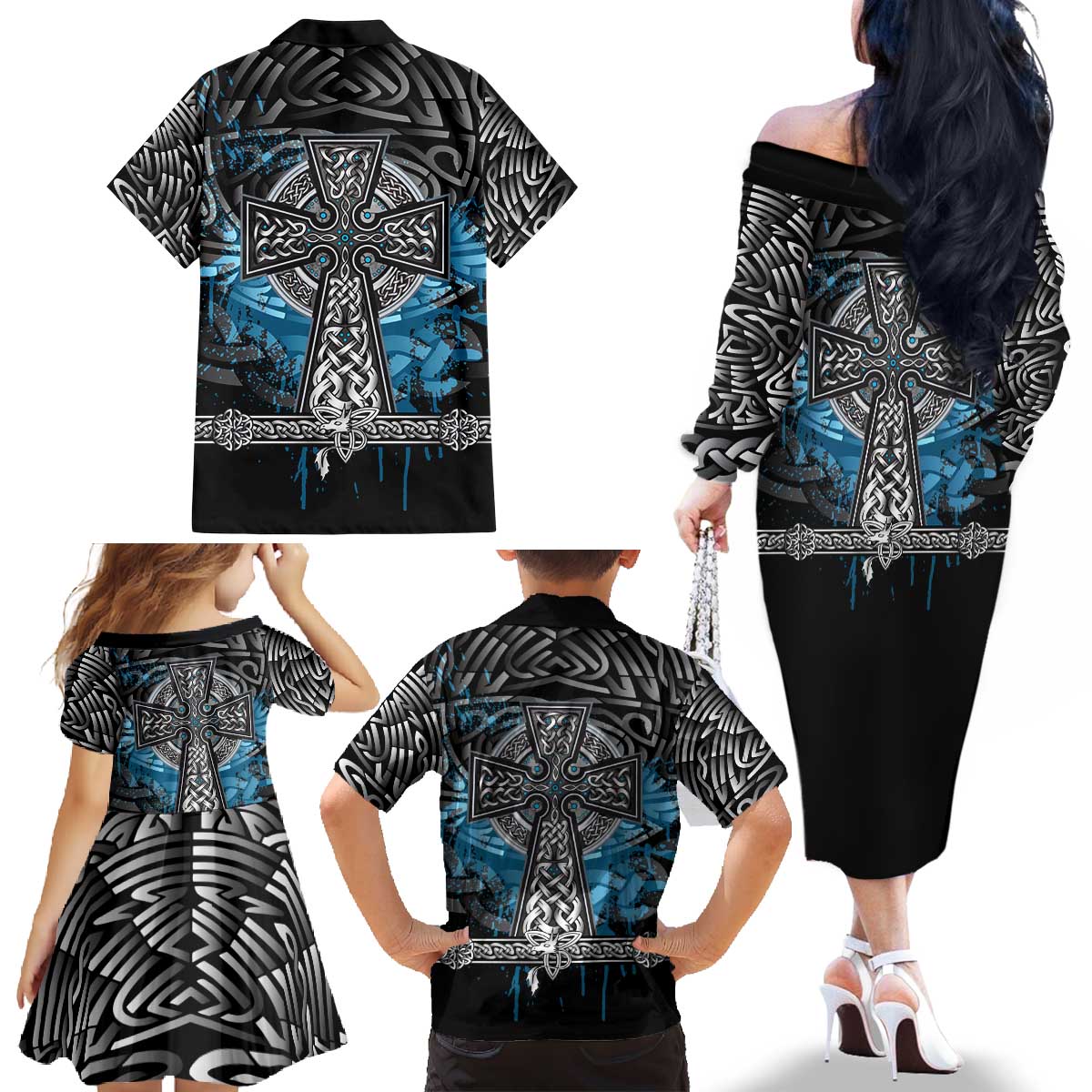 Thor Hammer Viking Family Matching Off The Shoulder Long Sleeve Dress and Hawaiian Shirt with Celtic Knots and Blue Splatter Norse Heritage Tribute - Wonder Print Shop