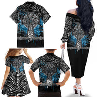 Thor Hammer Viking Family Matching Off The Shoulder Long Sleeve Dress and Hawaiian Shirt with Celtic Knots and Blue Splatter Norse Heritage Tribute - Wonder Print Shop
