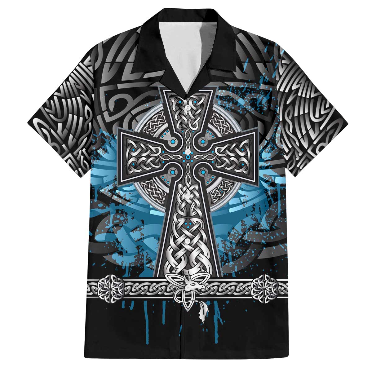 Thor Hammer Viking Family Matching Off The Shoulder Long Sleeve Dress and Hawaiian Shirt with Celtic Knots and Blue Splatter Norse Heritage Tribute - Wonder Print Shop