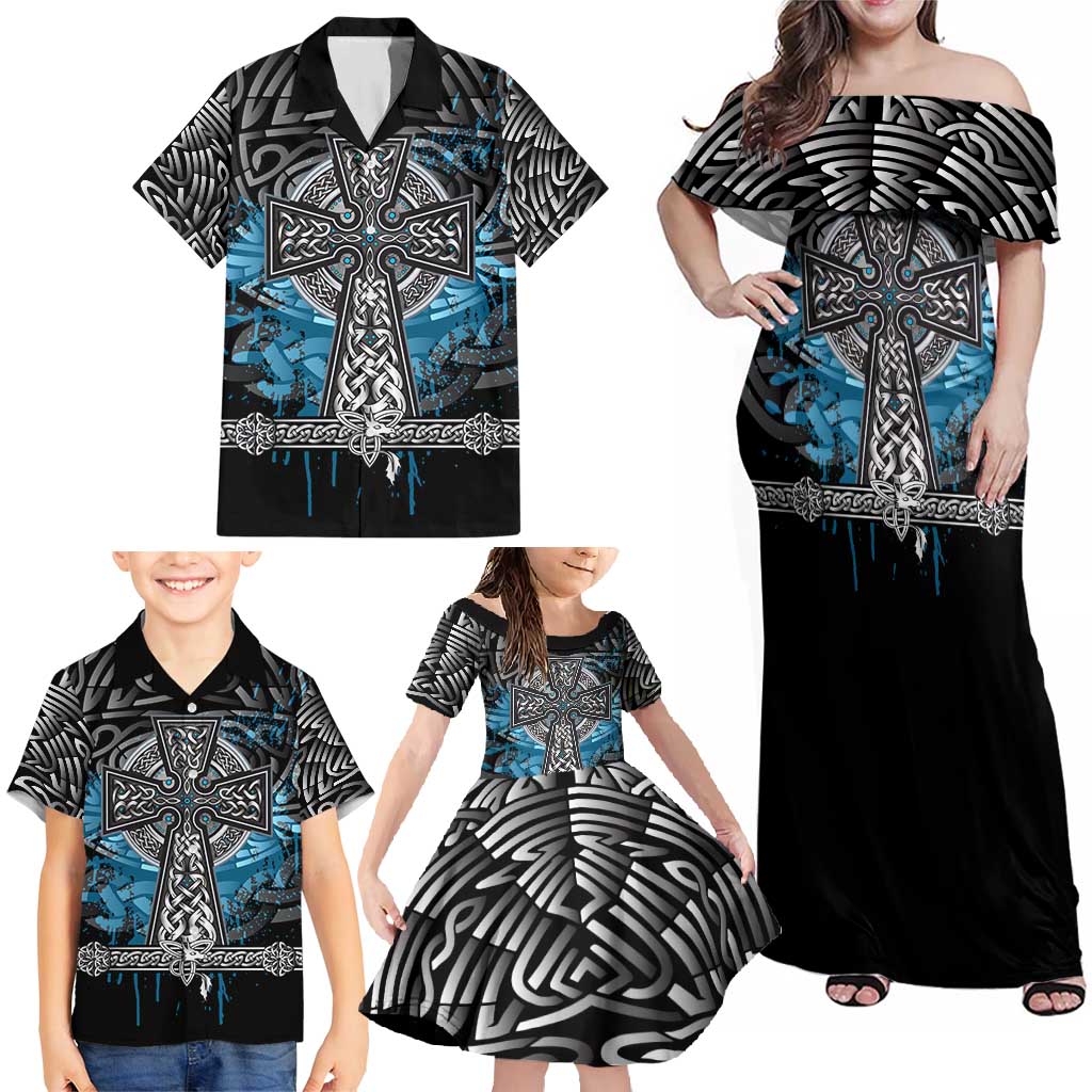 Thor Hammer Viking Family Matching Off Shoulder Maxi Dress and Hawaiian Shirt with Celtic Knots and Blue Splatter Norse Heritage Tribute - Wonder Print Shop