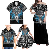 Thor Hammer Viking Family Matching Off Shoulder Maxi Dress and Hawaiian Shirt with Celtic Knots and Blue Splatter Norse Heritage Tribute - Wonder Print Shop