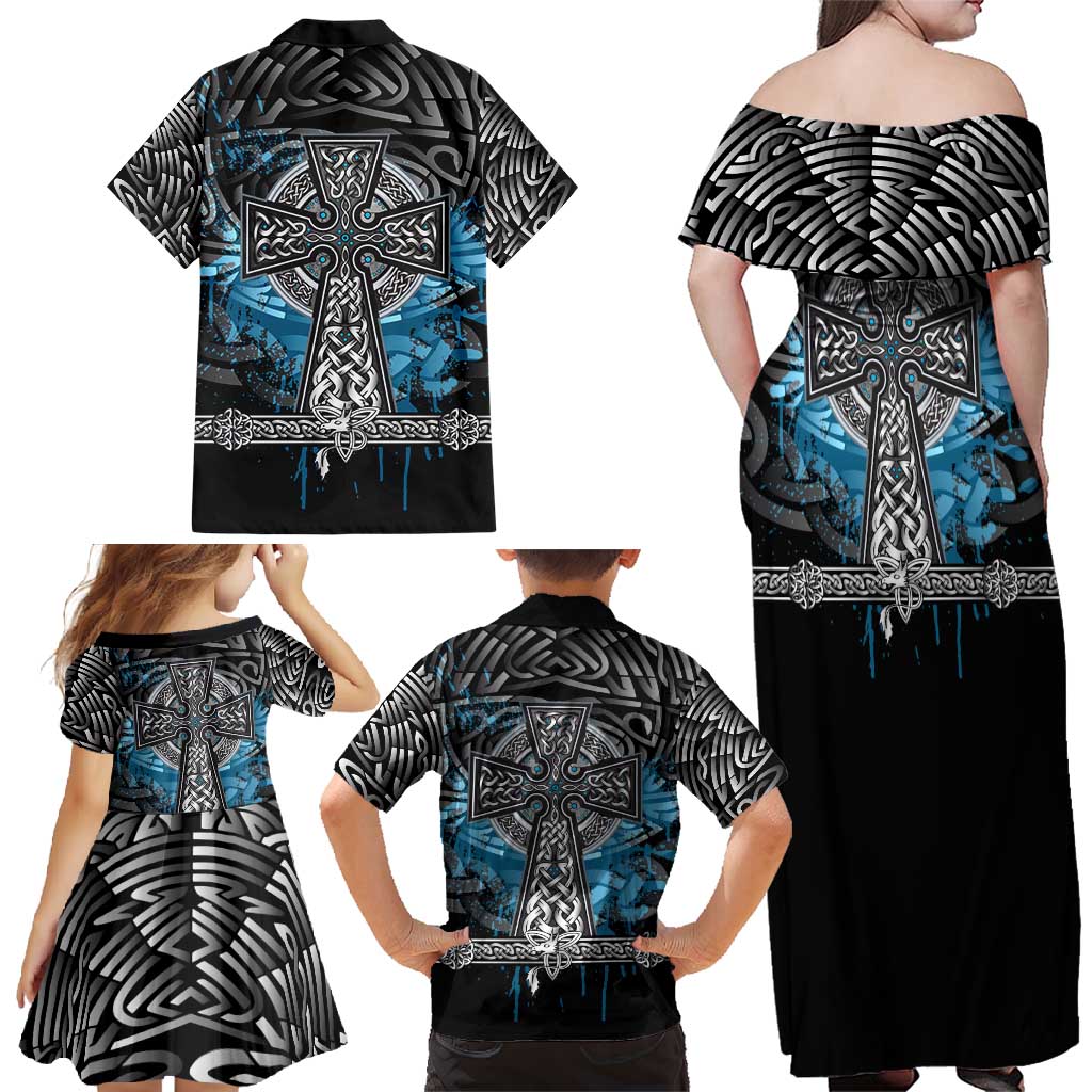 Thor Hammer Viking Family Matching Off Shoulder Maxi Dress and Hawaiian Shirt with Celtic Knots and Blue Splatter Norse Heritage Tribute - Wonder Print Shop