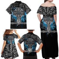 Thor Hammer Viking Family Matching Off Shoulder Maxi Dress and Hawaiian Shirt with Celtic Knots and Blue Splatter Norse Heritage Tribute - Wonder Print Shop